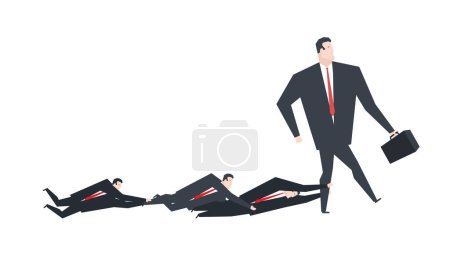 Illustration for Team Pleading With boss. Man holding boss leg as she walks away - Royalty Free Image