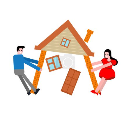 Illustration for Couple share house after divorce. Man and woman is pulling house in different directions. Concept section of property after family divorce - Royalty Free Image