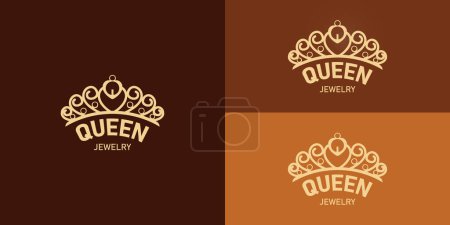 Illustration for Queen Crown Logo applied for the jewelry business. Vintage Elegant Gold Tiara Logo Illustration presented with multiple background colors. The logo is suitable for jewelry logo design inspiration - Royalty Free Image