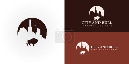 Logo City Bull sous la forme d'un cercle silhouette ville appliquée pour le logement et l'immobilier. Angus Vache Bovins Buffalo Bull Silhouette au pin sapin Conifère Evergreen Tree Forest logo design