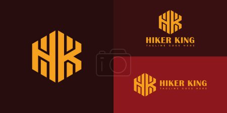 Lettres initiales HK ou KH logo hexagonal en couleur or isolé sur plusieurs fonds rouges. Lettre HK ou KH en couleur or isolé en fond rouge appliqué pour Motorsport Company logo inspiration design
