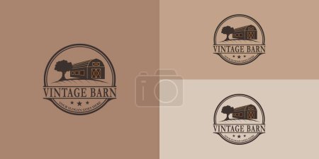 Grange en bois marron timbré vintage avec logo en chêne de couleur marron classique isolé sur plusieurs couleurs de fond. Le logo convient à la conception de logo d'entreprise de bétail de ranch et de maison d'élevage