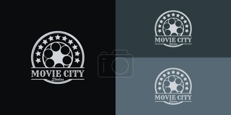 Vintage Video Roll Camera and multiple stars with retro stamp logo in silver white color isolated on multiple background colors. The logo is suitable for movie or cinema production logo icon design