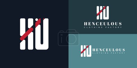 Résumé lettre initiale HU ou UH logo en couleur blanche isolé sur plusieurs couleurs de fond bleu. Le logo convient aux modèles d'inspiration de conception de logo d'icône d'entreprise d'usine de vêtements.