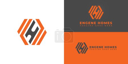 Abstraktes Anfangsbuchstaben-Sechseck EH oder HE-Logo in orange-schwarzer Farbe isoliert auf mehreren Hintergrundfarben. Das Logo eignet sich für Bauherren 's Business Service Logo Design Inspirationsvorlagen.