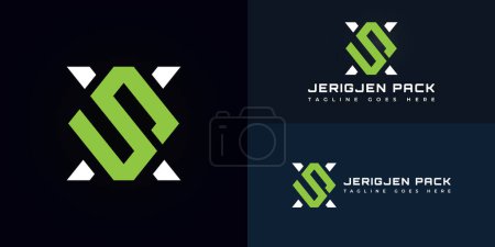 Abstract initial square letter JP or PJ logo in green-white color isolated on multiple background colors. The logo is suitable for automotive power pack business logo design inspiration templates.