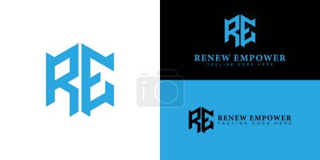 Abstraktes Anfangsbuchstaben-Sechseck RE oder ER-Logo in blauer Farbe, isoliert auf mehreren Hintergrundfarben. Das Logo ist für Elektrounternehmen Firmenlogo Design-Inspirationsvorlagen geeignet.