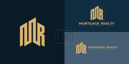 Abstract initial hexagon letter MR or RM logo in gold color isolated on multiple background colors. The logo is suitable for commercial real estate firm business logo design inspiration templates.
