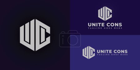 Abstract initial hexagon letters UC or CU logo in silver-white color isolated on multiple background colors. The logo is suitable for property and construction company logo design inspiration template