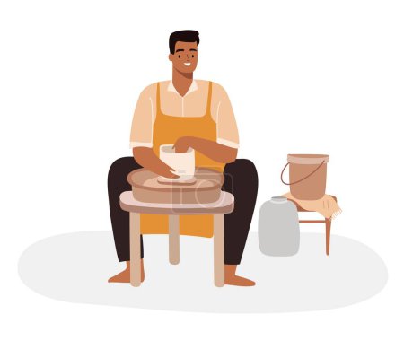 Téléchargez les illustrations : Potier masculin faisant un pot en argile sur une roue de poterie. - en licence libre de droit