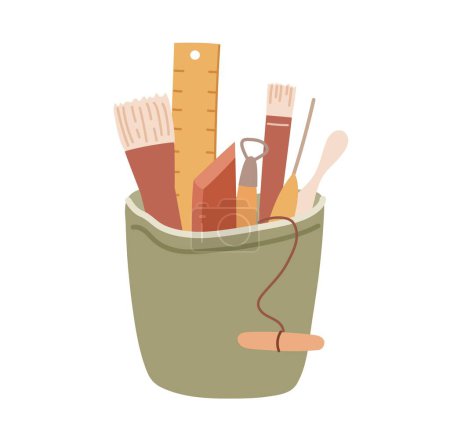 Téléchargez les illustrations : Pottery tools organized in a pot. Set of clay handcraft instuments. - en licence libre de droit