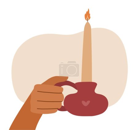Téléchargez les illustrations : Hand holding a ceramic candle holder with a vintage candle. Vector hand drawn illustration isolated on white - en licence libre de droit