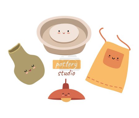 Téléchargez les photos : Ensemble d'objets liés au studio de poterie tels que tablier, lampe, pot, roue. Mignons objets kawaii pour les cours de poterie pour enfants isolés sur blanc - en image libre de droit