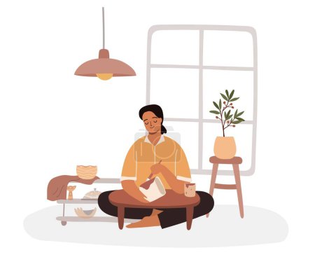 Téléchargez les illustrations : Woman working on pottery wheel in studio. Female ceramist painting a pot isolated on white. - en licence libre de droit