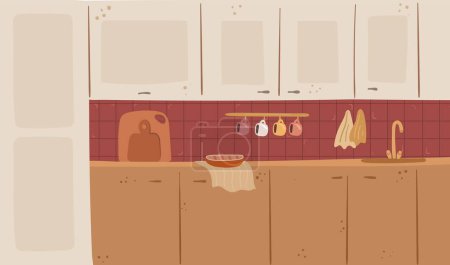 Illustration for Cozy flat kitchen background. Kitchen cabinets scene with a pie and decor. Vector illustration - Royalty Free Image
