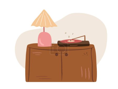 Retro curbstone with a mid century style lamp and music player. Vector illustration