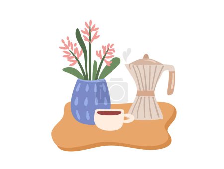 Cozy coffee time scene. Slow living lifestyle concept isolated. Vector illustration