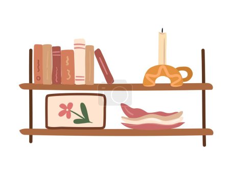 Illustration for Cozy living room shelf with decor such as books, candle, picture and plates. Vector illustration - Royalty Free Image