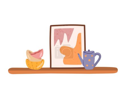 Illustration for Wall shelf with decor such as a cute kettle, a picture and a stack of bowls Vector illustration - Royalty Free Image