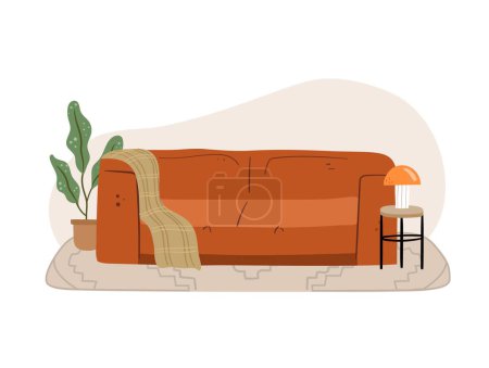 Illustration for Cozy sofa with a blanket, mid century lamp on a coffee table, houseplant isolated. Vector illustration - Royalty Free Image