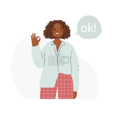 Hand drawn woman is showing OK sign with hand gesture. Vector illustration