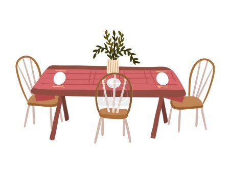 Geschmückter Tisch mit Tellern und Utensilien. Vektorillustration