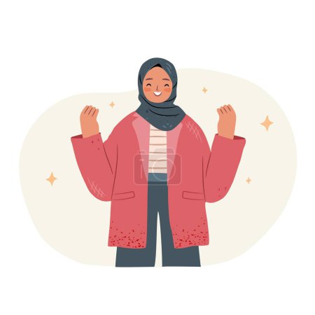 Happy girl in hijab showing success sign, yeah positive gestures with hands. Vector illustration