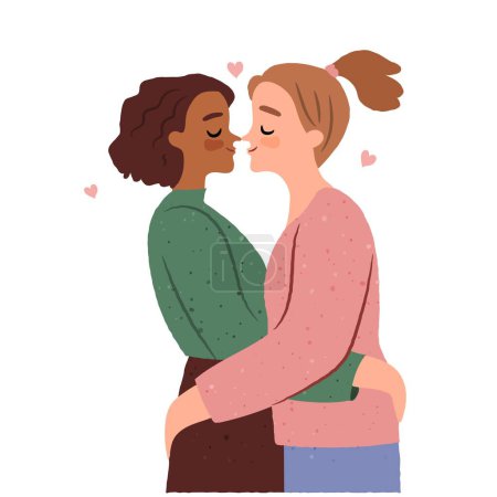 Dulce pareja lesbiana besándose y abrazándose. Compañeros interraciales enamorados. Ilustración vectorial
