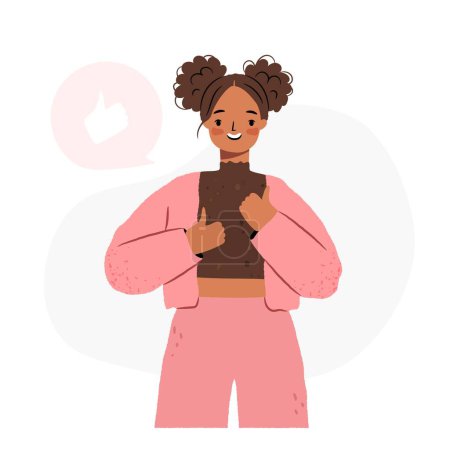 Hand drawn African American girl with thumbs up gesture. Vector illustration