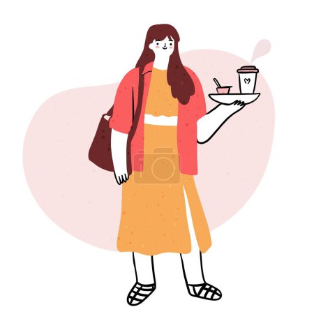Illustration for Cute young woman standing and holding coffee to go in paper cup. Hand-drawn doodle illustration. Vector illustration - Royalty Free Image