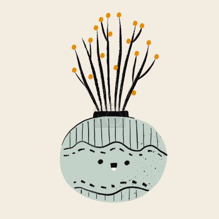 Téléchargez les illustrations : Fleurs mignonnes dans un pot avec doodle kawaii visage. Fleurs isolées dessinées à la main texturées. Illustration vectorielle - en licence libre de droit