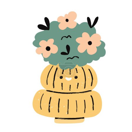 Téléchargez les illustrations : Fleurs mignonnes dans un pot avec doodle kawaii visage. Fleurs isolées dessinées à la main texturées. Illustration vectorielle - en licence libre de droit