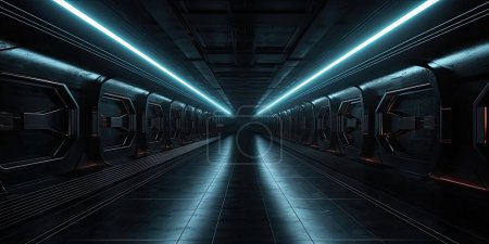 Realistischer Science-Fiction-dunkler Flur mit Neonlicht an den Wänden. Futuristischer Tunnel mit Grunge-Metallwänden. Innenansicht. Moderne futuristische Halle. Leerer Korridor in einem Raumschiff. Generative KI.