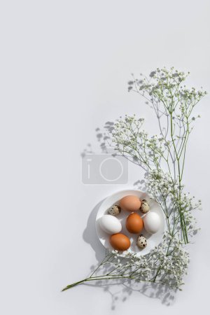 Téléchargez les photos : Décoration florale minimaliste de Pâques, œufs de couleur naturelle sur assiette et fleurs sur un fond neutre clair. Magnifique modèle de carte à ressort scandinave, espace de copie - en image libre de droit