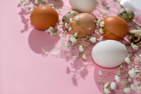 Foto de Estética bandera minimalista de primavera de Pascua, composición floral con huevos de color natural y flores de gypsophyla sobre un fondo rosa pastel, espacio de copia - Imagen libre de derechos