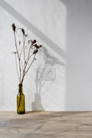 Photo for Minimalist template for home room interior product, vase with flowers on a beige wooden table or floor, aesthetic sunlight shadows on white wall, background for branding design showcase, copy space - Royalty Free Image