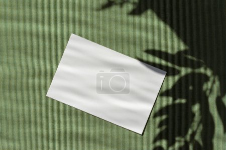 Téléchargez les photos : Carte papier vierge avec espace de copie maquette sur un fond textile vert avec ombre solaire florale esthétique, carte postale de voeux de vacances d'été ou modèle d'invitation - en image libre de droit