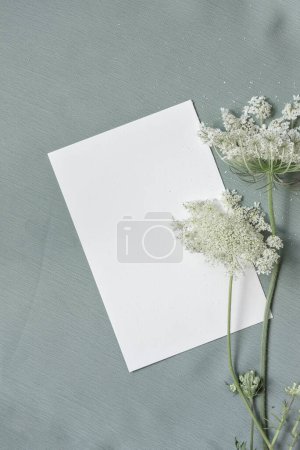 Téléchargez les photos : Carte papier vide maquette avec des fleurs blanches sur un fond textile bleu pâle clair. Invitation de mariage minimaliste esthétique, modèle de marque d'entreprise - en image libre de droit