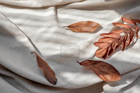 Photo for Brown fall leaves on neutral beige linen crumpled fabric with natural aesthetic sunlight shadows. Minimalist pastel autumn backdrop. - Royalty Free Image