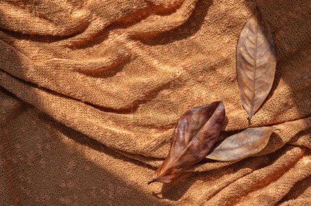 Foto de Hojas de otoño secas de color marrón sobre tela de punto naranja terracota arrugada fondo desordenado con sombras naturales de luz solar. Fondo de otoño estérico, plantilla de marca comercial. - Imagen libre de derechos