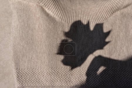 Téléchargez les photos : Automne neutre tricot vêtements garde-robe concept. Pull chaud en jersey de laine taupe tricoté avec silhouette ombre soleil feuille automne. - en image libre de droit