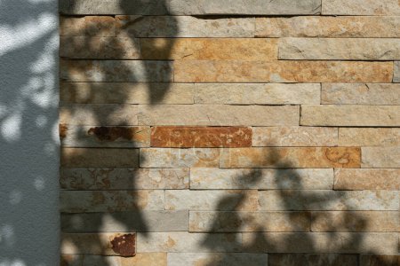 Téléchargez les photos : Briques de pierre beige, marron et gris. Mur de maçonnerie texture arrière-plan avec ombre de soleil floral, architecture rustique façade de bâtiment ou clôture - en image libre de droit