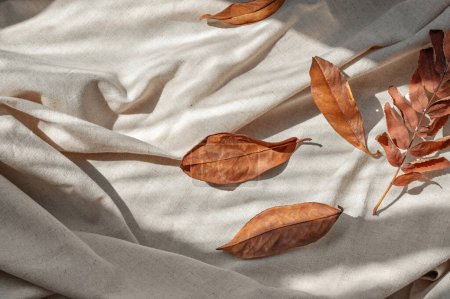 Foto de Hojas otoñales de otoño y sombras naturales de luz solar sobre un desordenado fondo de tela de lino arrugado. Plantilla estética de otoño plana, plantilla de marca comercial. - Imagen libre de derechos