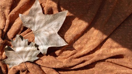 Photo for Dry brown fall sycamore leaves on terracotta red, orange knitted folded textile background with natural sunlight shadows. Autumn boho aesthetic minimalist background. - Royalty Free Image