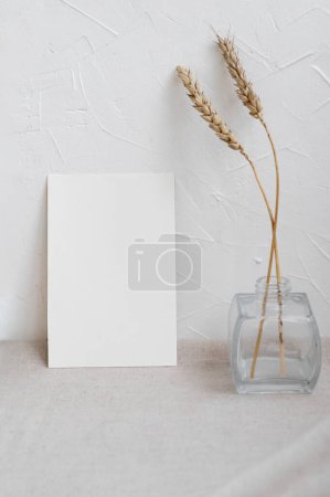 Téléchargez les photos : Modélisation de carte de papier vierge et épillets d'herbe de prairie séchée dans un vase sur la table avec nappe beige neutre en lin et fond de mur de couleur avoine, marque d'affaires intérieure intérieure esthétique ou modèle de mariage. - en image libre de droit