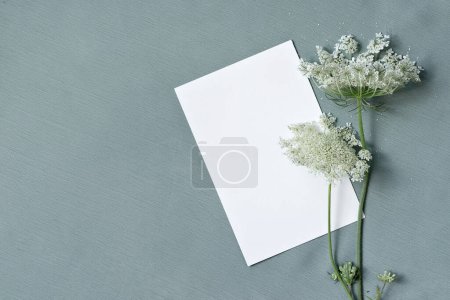 Photo for Empty paper card mockup and white meadow flowers on light pastel green blue textured fabric background, aesthetic spring floral postcard or wedding invitation template, business branding design. - Royalty Free Image
