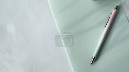 Redacción plana femenina de negocios mínimos, papel verde claro suave y pluma sobre fondo gris mármol neutro con sombras estéticas de luz solar floral natural, vista superior, espacio de copia.