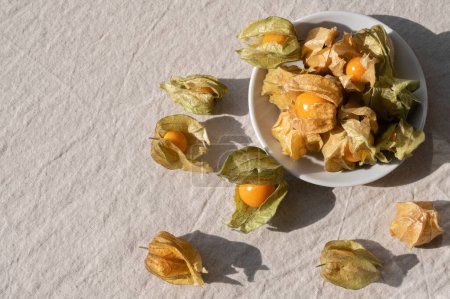 Photo for Physalis fruits in shells on plate on beige linen tablecloth background with harsh sunlight shadows, flat lay with copy space, healthy organic food concept. - Royalty Free Image