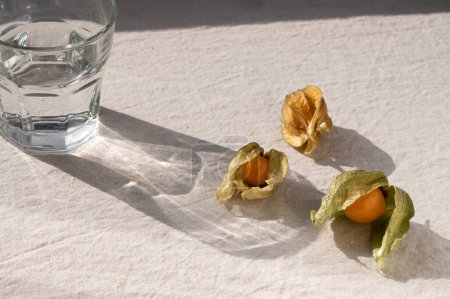 Photo for Glass with water and physalis fruits on neutral beige linen background and aesthetic sunlight shadows, healthy dieting, organic nutrition, detox concept, sustainable lifestyle still life. - Royalty Free Image