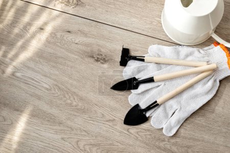 Photo for Minimalist lifestyle composition with a small gardening tools on beige wooden background, rake, spades, gloves and watering can, houseplants care and growing, indoor garden concept - Royalty Free Image
